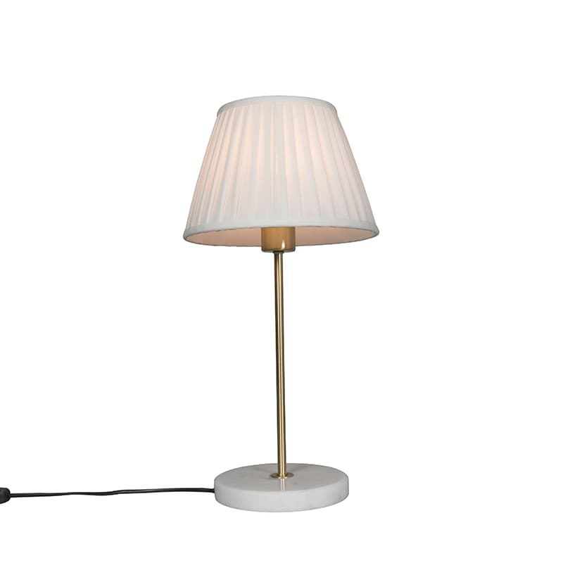 Retro stolná lampa mosadz s plisovaným tienidlom bielym 25 cm - Kaso