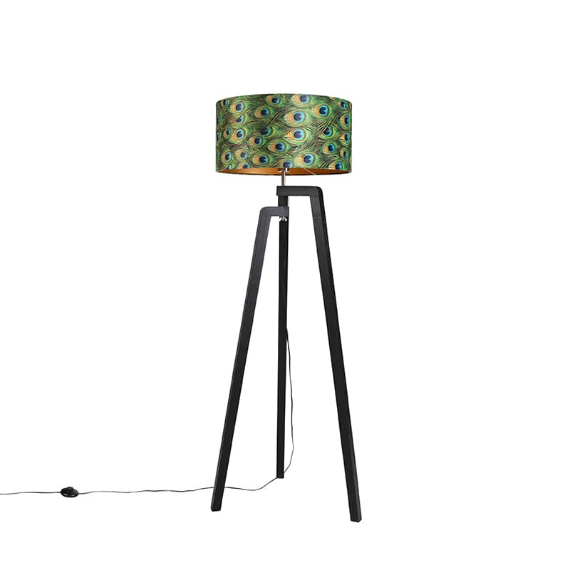 Stojaca lampa trojnožka čierna s tienidlom s motívom páva 50 cm - Puros