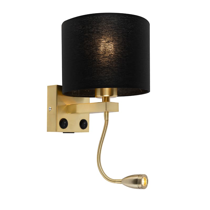 Art Deco nástenná lampa zlatá s USB a čiernym tienidlom - Brescia