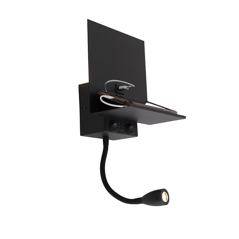 Moderná nástenná lampa čierna s USB a flexibilným ramenom - Flero