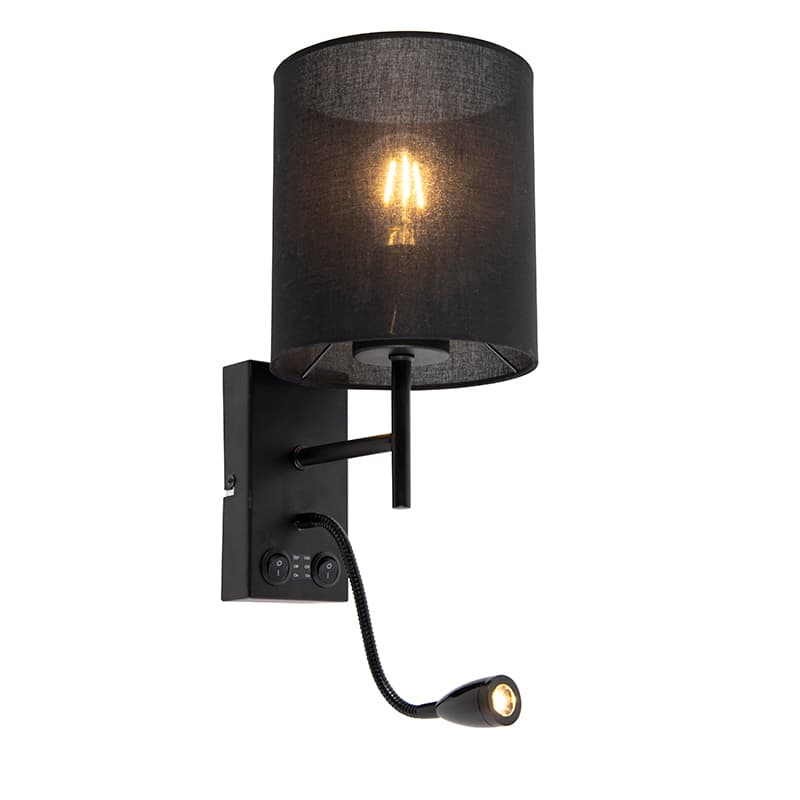 Moderná nástenná lampa čierna s bavlneným tienidlom - Stacca