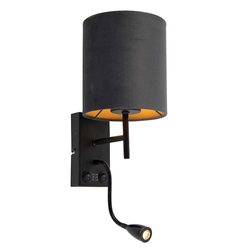 Art Deco nástenná lampa čierna s tmavosivým zamatovým tienidlom - Stacca