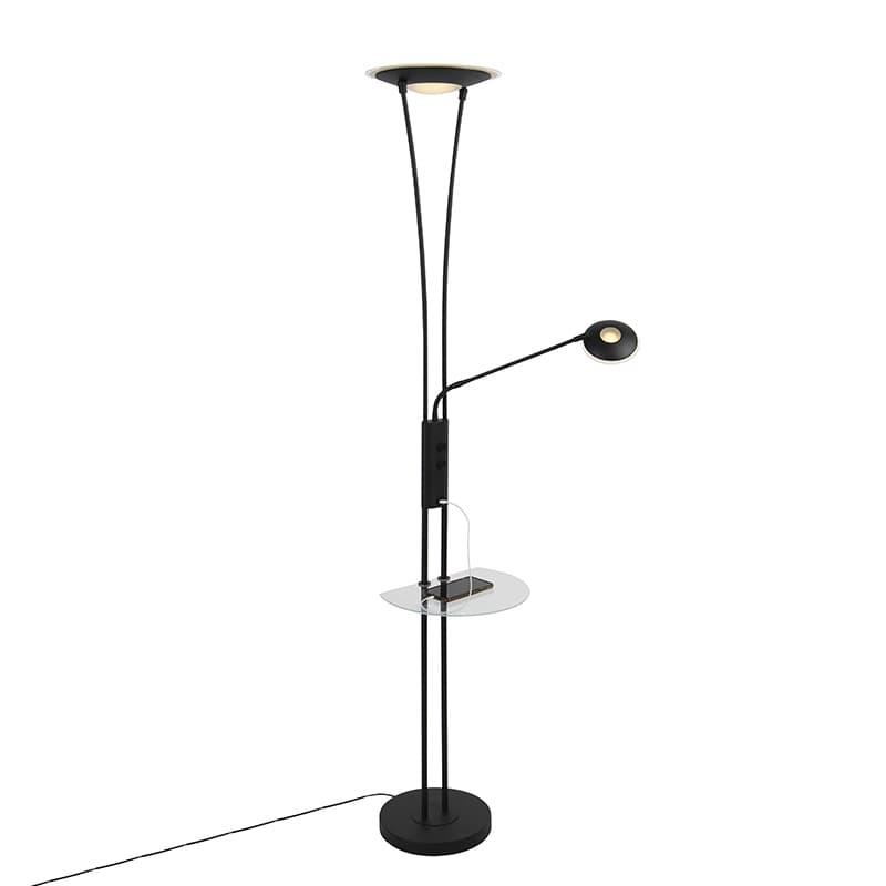 Stojaca lampa čierna s čítacím ramenom vrátane LED a USB portu - Sevilla