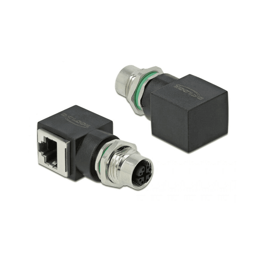 Sieťový adaptér M12 8pin X-coded samica na RJ-45 samica, uhlový, Delock