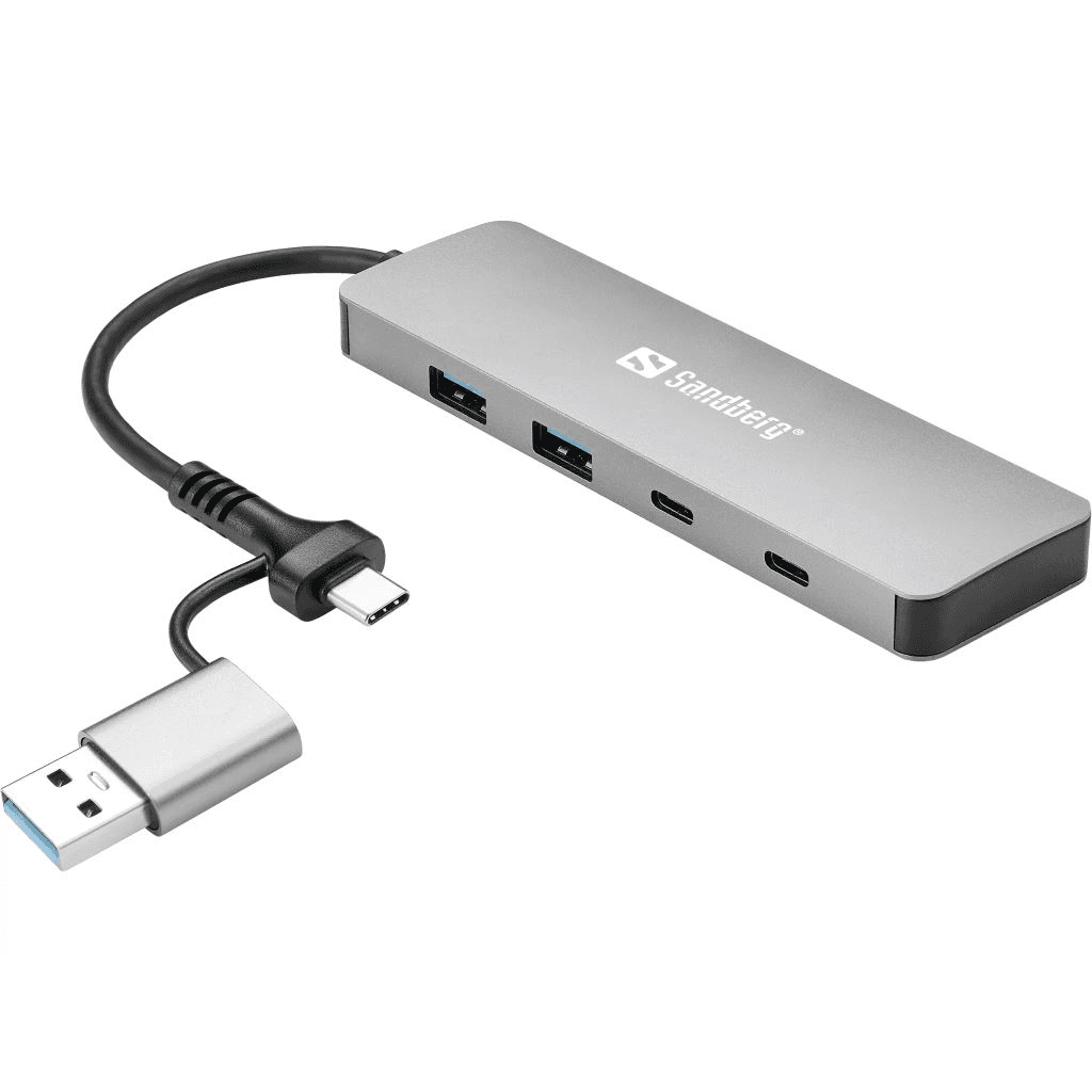 Sandberg USB-C/A to 2xUSB-A+2xUSB-C Hub USB 3.2 Gen 1 (3.1 Gen 1) Type-A + Type-C 5000 Mbit/s Hliník