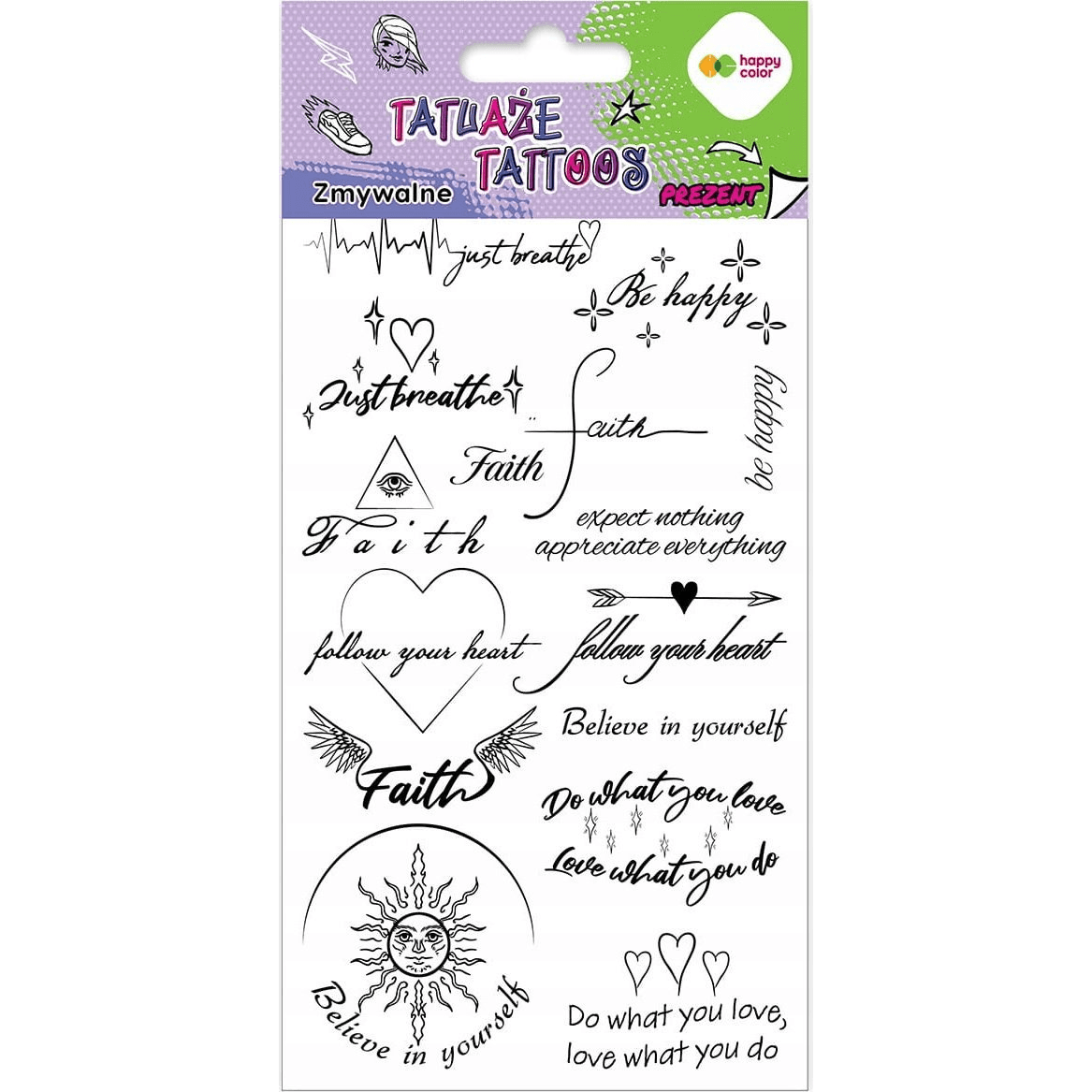 Dočasné tetovania HAPPY COLOR 10×20cm Words čierne nápisy