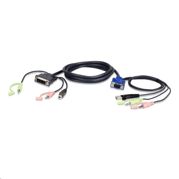 ATEN 2L-7DX2U adaptér na video kábel 1,8 m VGA (D-Sub) + 3.5mm + USB Type-A DVI-I + 3.5mm + USB Type-B Čierna, Zelená, Ružová