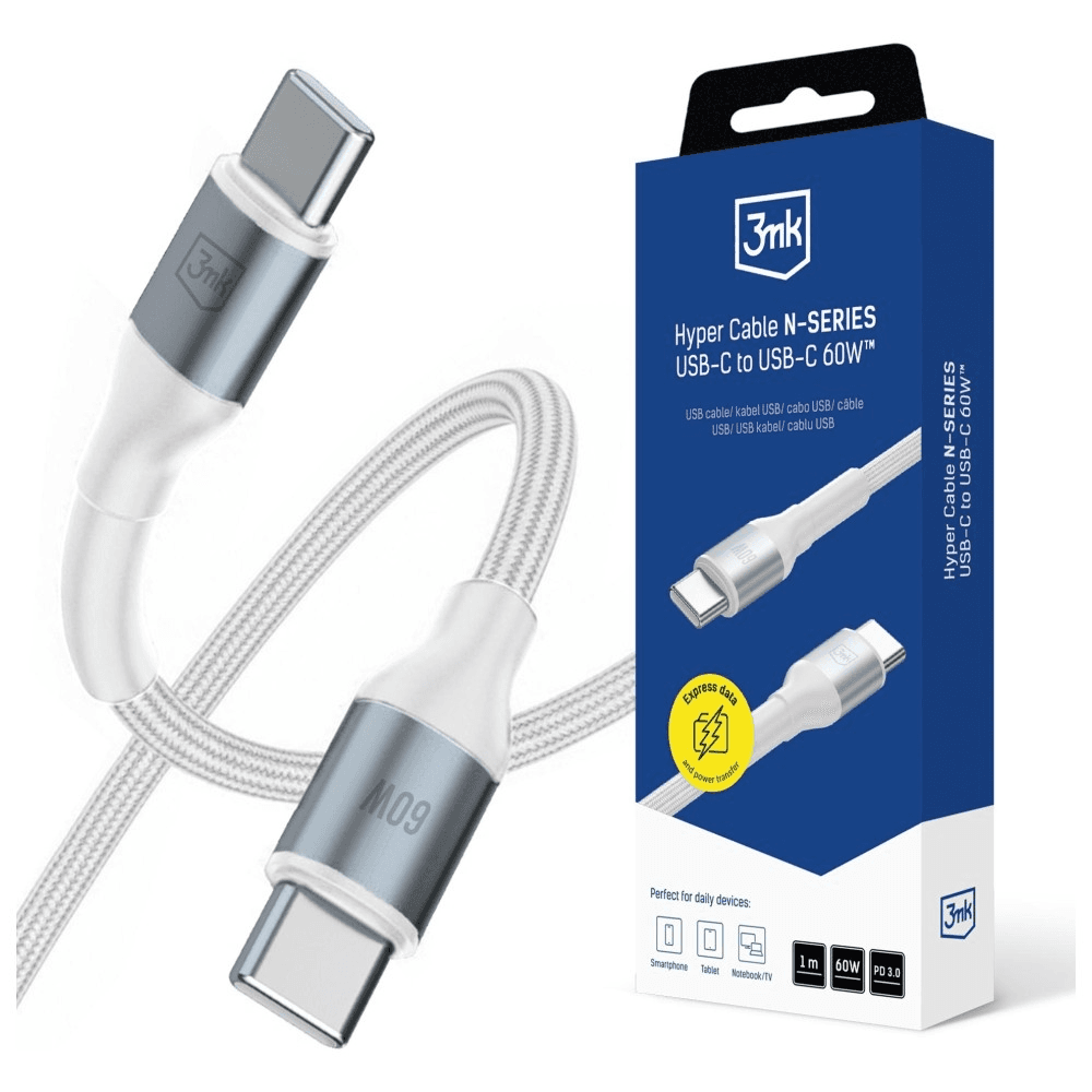 Kábel 3mk USB typ C - USB typ C 1 m biely