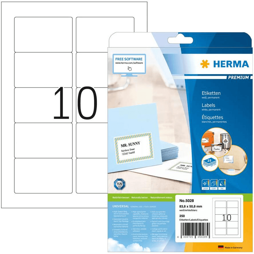 HERMA 5028 Tlačiteľné etikety Biele samolepiace etikety na tlač