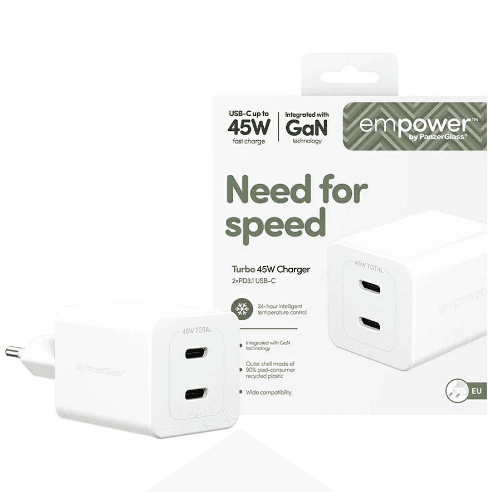 Nabíjačka 45W 2x USB-C, empower by PanzerGlass, malá, výkonná GaN PD