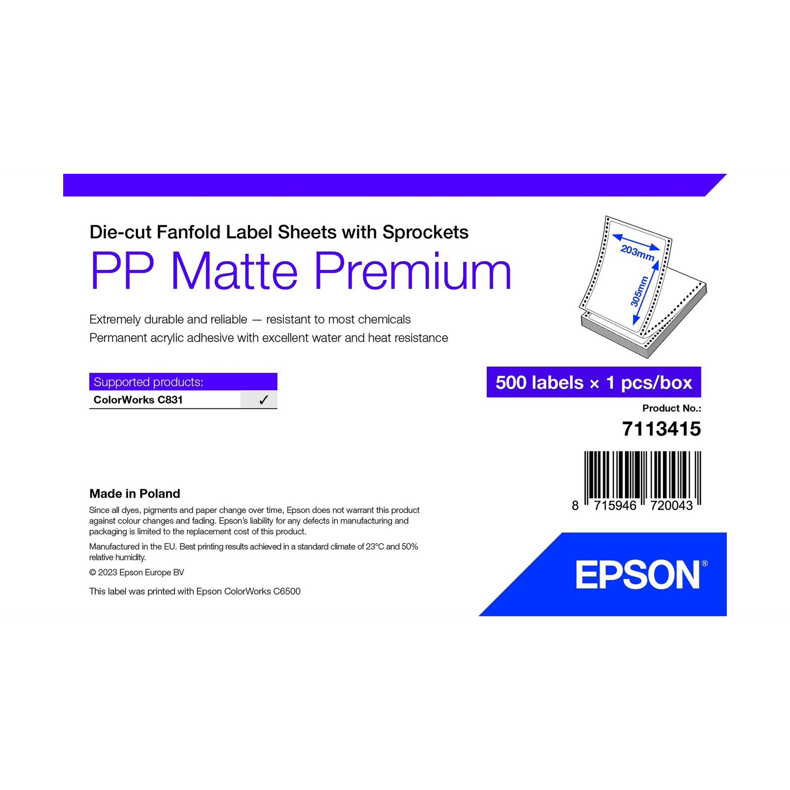Epson 7113415 potlačový štítok Biela Samolepiaci štítok