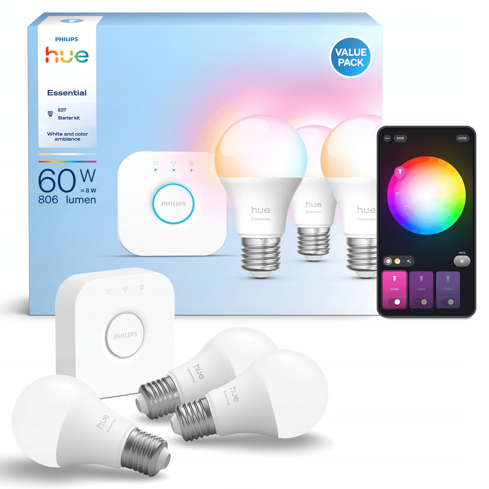 Sada Philips Hue Essential E27 806 lm Bluetooth 3 žiarovky + Bridge