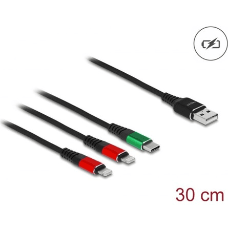 USB nabíjací kábel 3v1 typ A na 2x Lightning / USB-C 30cm Delock 87881