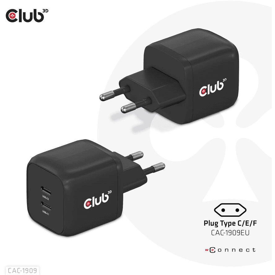 CLUB3D CAC-1909EU nabíjačka na PDA a mobilné telefóny Mobilný telefón, Laptop, Smartfón Čierna AC Vnútorný