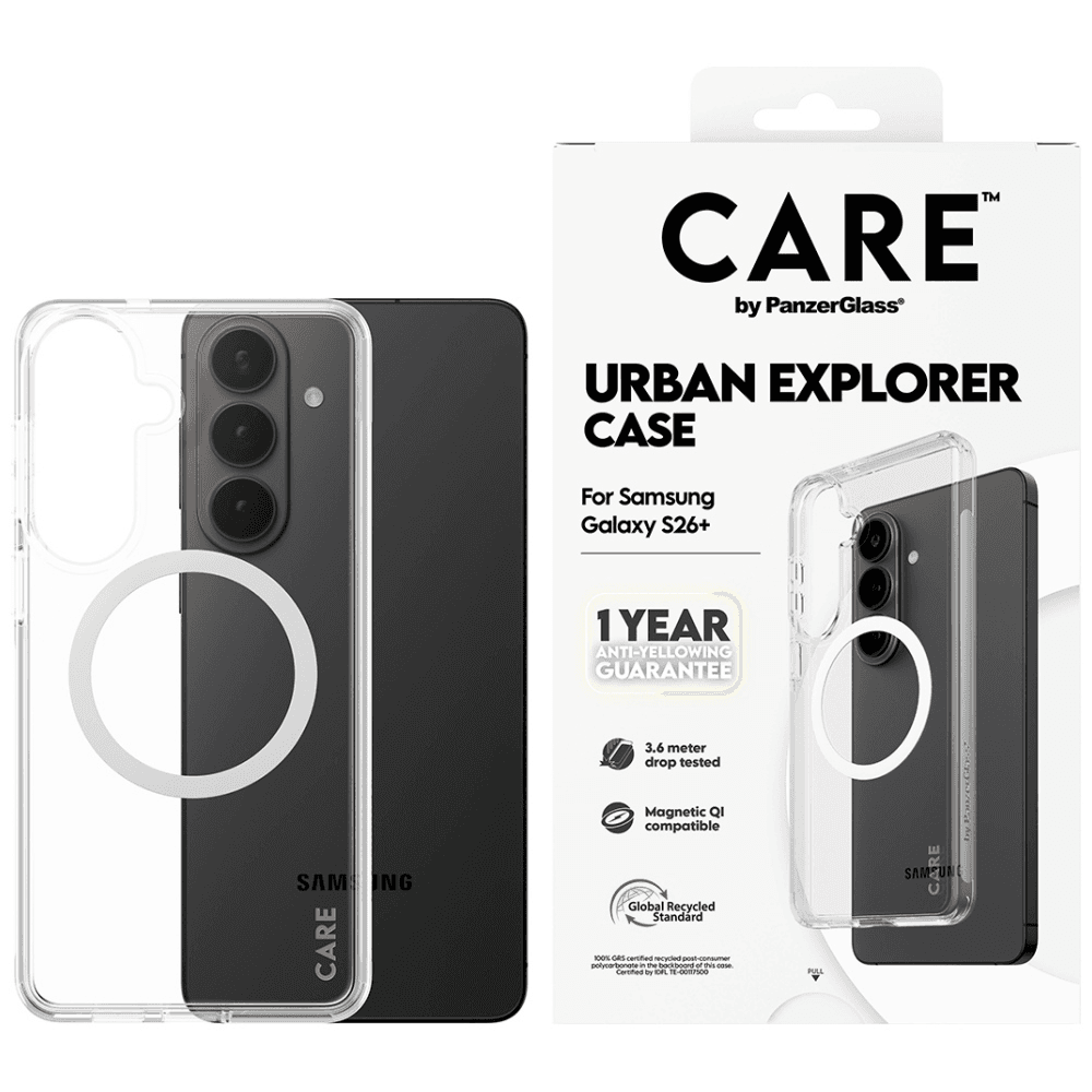 PanzerGlass CARE™ by ® Urban Explorer Case Transparent w. White Qi Samsung Galaxy S26+ puzdro na mobilný telefón Ochranný obal Priehľadná