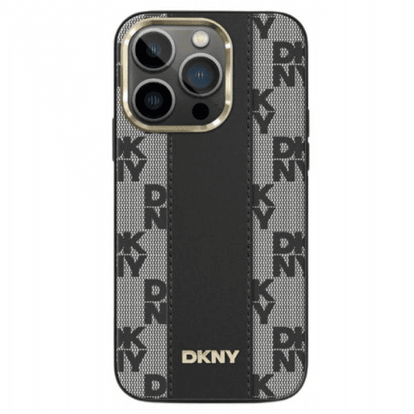 Puzdro DKNY pre iPhone 14 / 15 / 13 6.1" čierne Leather Checkered Mono