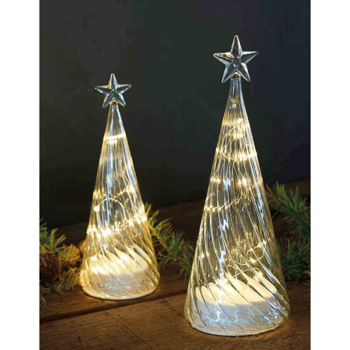 SIRIUS LED sklenený svetelný stromček, číry, 26 cm, s hviezdou