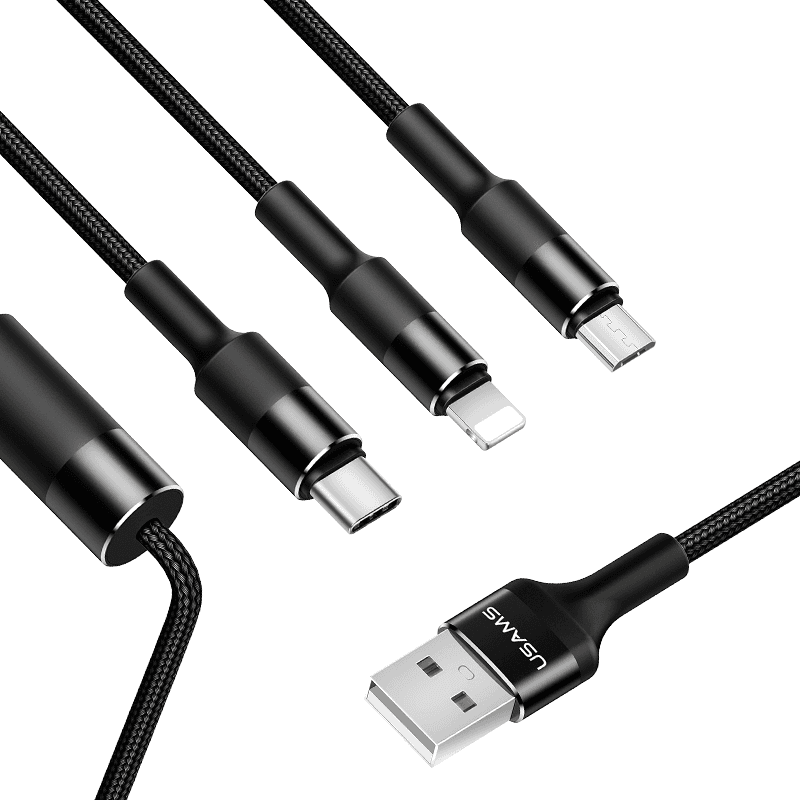 Pletený kábel 3v1 U5 1,5 m čierny lightning/microUSB/USB-C US-SJ219