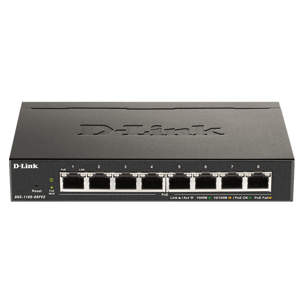 D-Link DGS-1100-08PV2 sieťový prepínač Riadený L2/L3 Gigabit Ethernet (10/100/1000) Podpora napájania cez Ethernet (PoE) Čierna