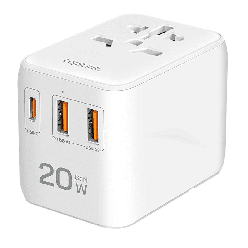 Cestovný adaptér s USB nabíjačkou 20W PD LogiLink, 4 porty USB-C/A, pre 200