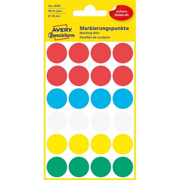 Farebné okrúhle štítky Avery 18 mm, 96 kusov