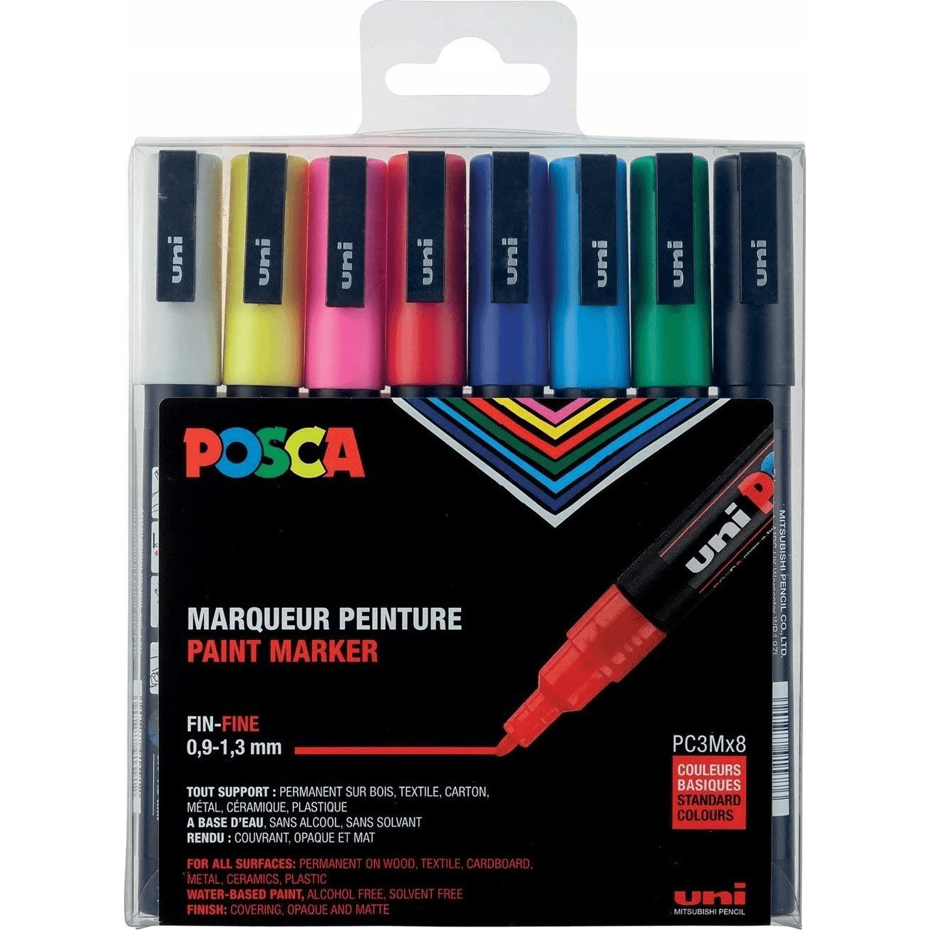Posca Uni-Ball PC-3M, viacfarebný, viacfarebný, 8 farieb, jemný, 0,9 mm,