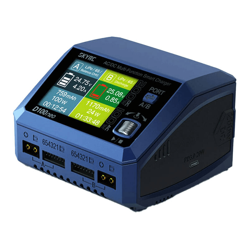 SkyRC D100neo Dvojkanálová nabíjačka AC/DC 100W/200W 10A 6S LiPo/LiFe/LiIon