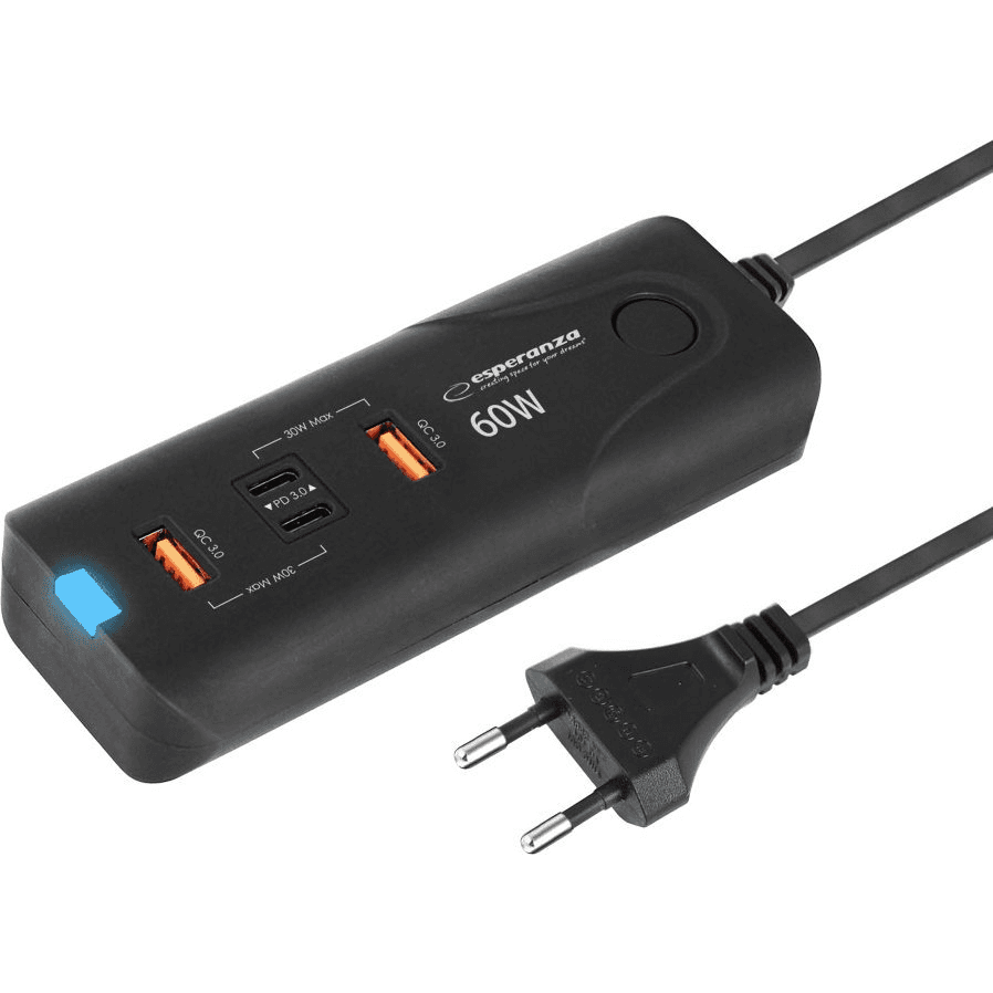 RÝCHLA VÝKONNÁ NABÍJAČKA 60W 2x USB-C PD 30W / 2x USB-A QC 3.0 18W