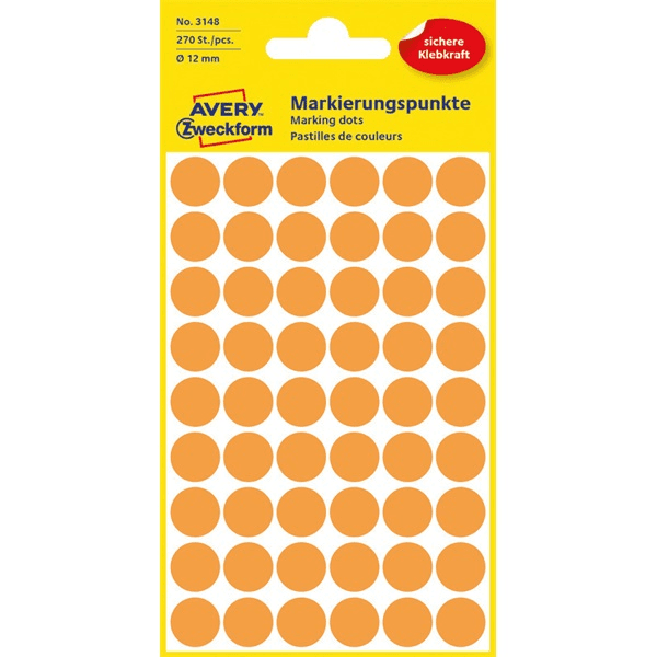 Samolepiace oranžové etikety v tvare kruhu Avery Zweckform 12 mm, 270 kusov