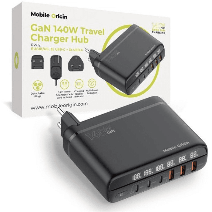 Nabíjačka Mobile Origin GaN 140W Travel Hub PW12 EU/UK/US 3x USB-C 3x USB-A