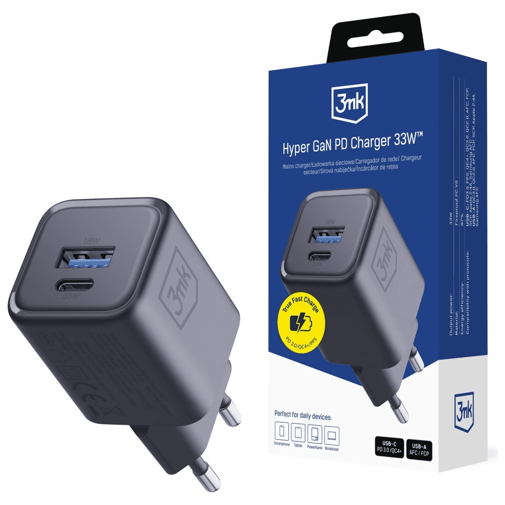 Čierna Nabíjačka 3mk Hyper Charger PD 33W GaN QC4+ PPS AFC FCP SCP USB-A/C