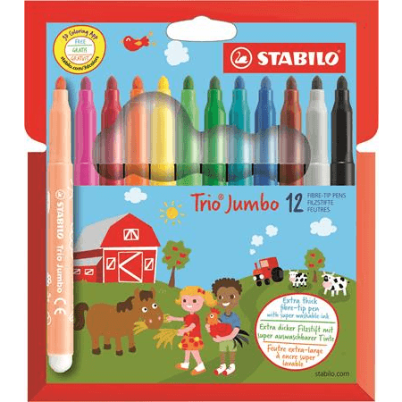 STABILO Trio Jumbo značkovač Čierna, Modrá, Hnedá, Zelená, Svetlo azúrová, Svetlozelená, Oranžová, Broskyňa, Ružová, Červená, Biela, Žltá 12 kusov
