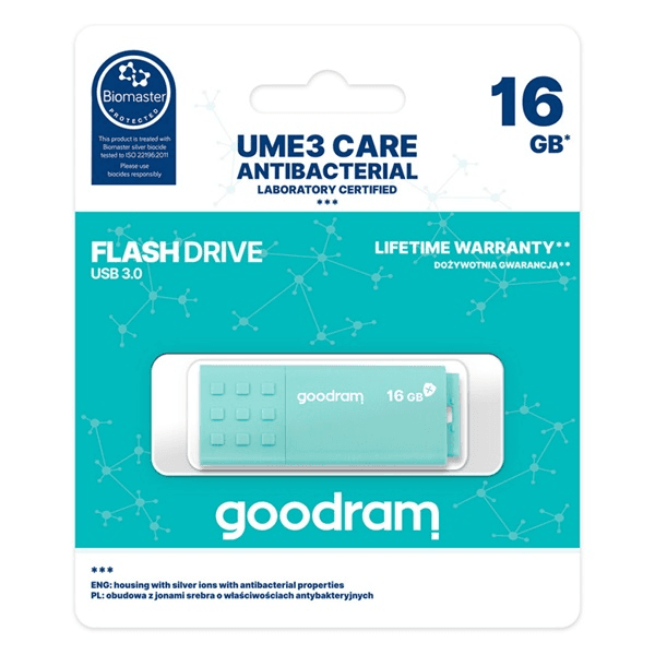 Goodram USB 3.0 UME3 CARE USB kľúč 16 GB USB Typ-A 3.2 Gen 1 (3.1 Gen 1) Tyrkysová