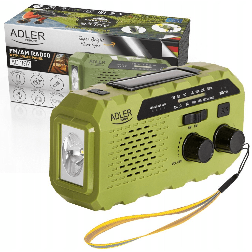Prenosné solárne rádio s kľukou dynamo, baterka, USB, SOS alarmom Adler