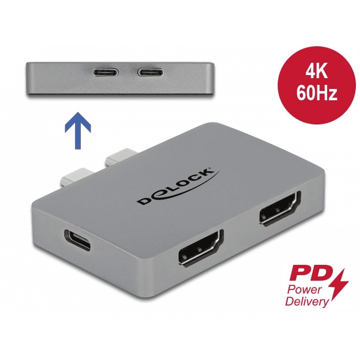 Dvojitý HDMI adaptér 4K 60 Hz a PD 3.0 pre MacBook Delock 64123