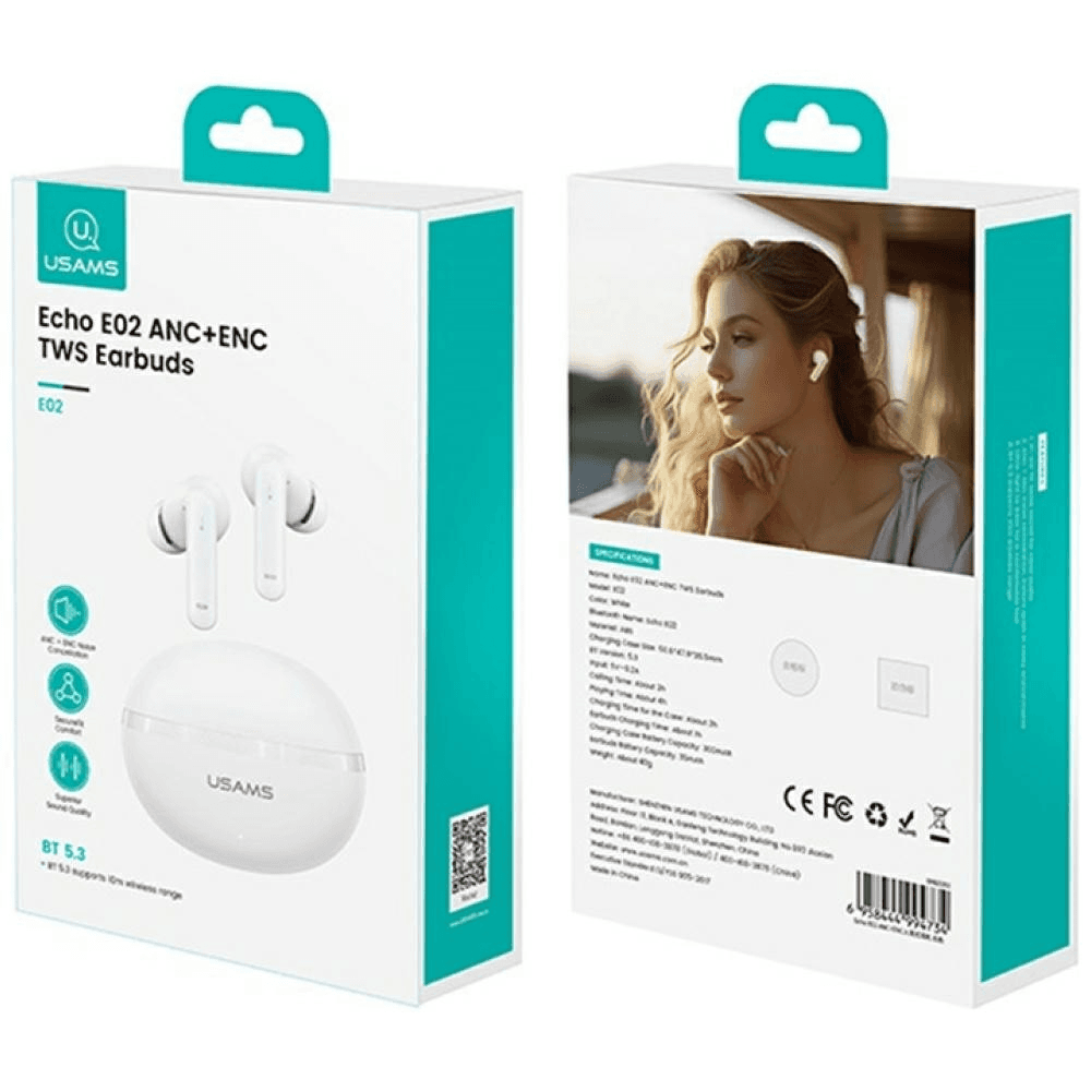 Bluetooth slúchadlá USAMS Echo E02 TWS ANC+ENC bezdrôtové biele