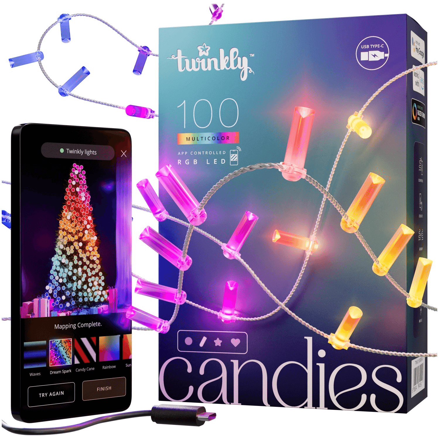Twinkly Candies 100 RGB LED sviečky, USB-C, priehľadné, aplikácia, 6m