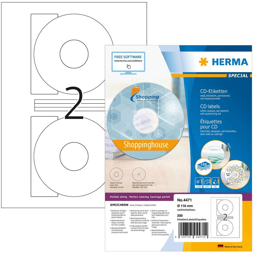 Samolepiace etikety 4471 na CD, Ø 116 mm, matný papier, biele, 200 ks