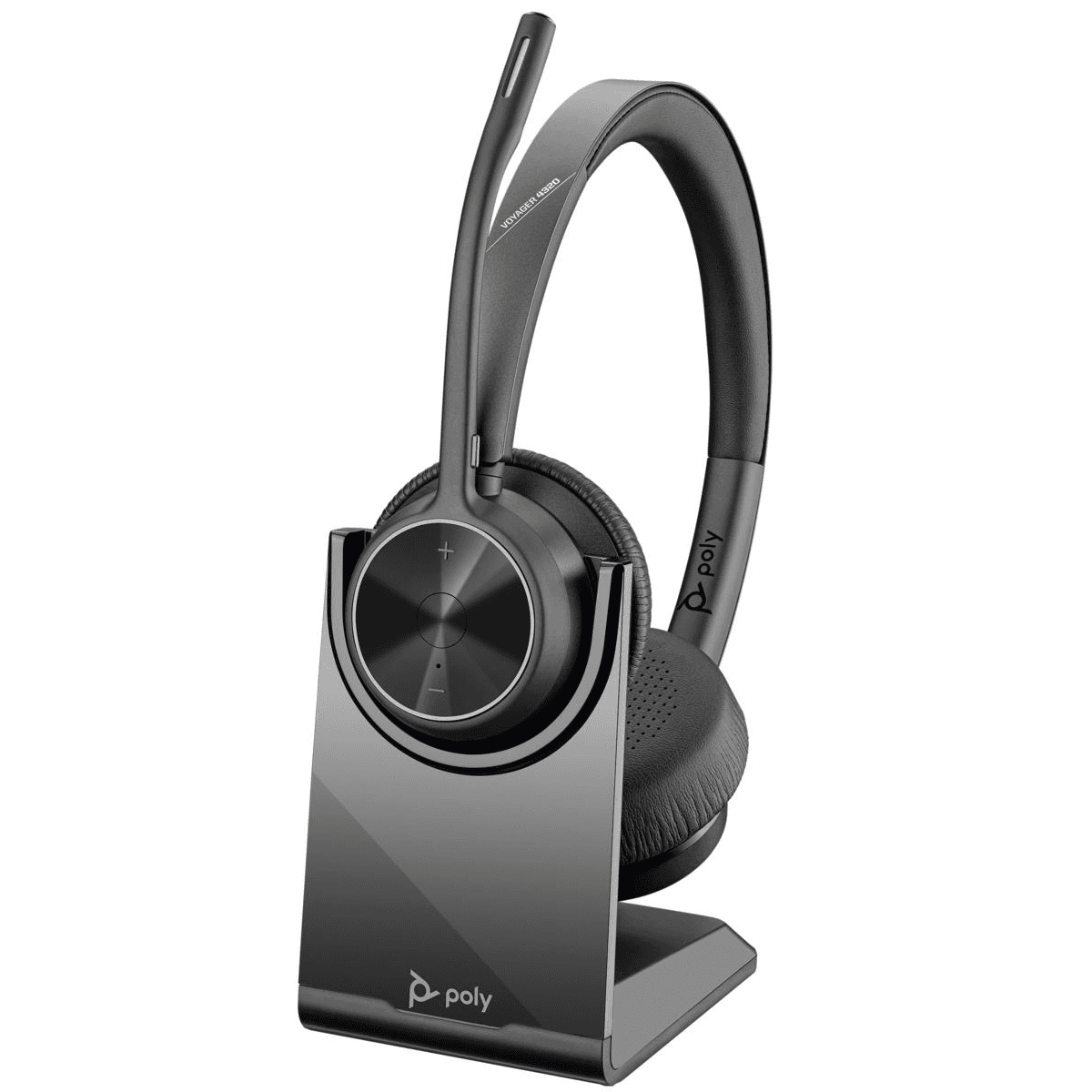 POLY Voyager 4320 UC Slúchadlá s mikrofónom Bezdrôtový Pres hlavu Kancelária / call centrum USB Typ-A Bluetooth Nabíjací podstavec Čierna