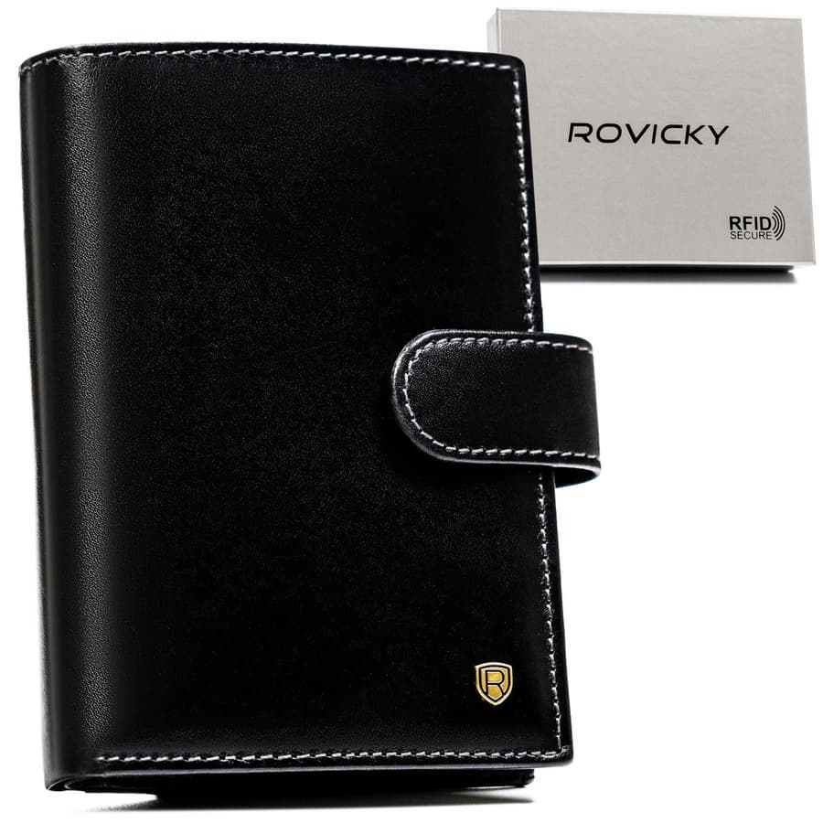 Čierna kožená pánska peňaženka s RFID ochranou a zapínaním – Rovicky