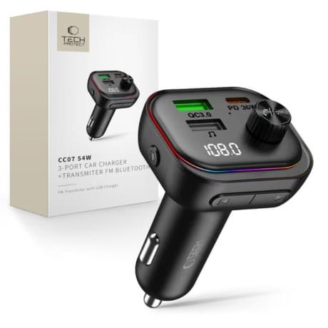 Tech-Protect CC07 FM Bluetooth Transmitter autonabíjačka 2x USB / USB-C 54W, čierna