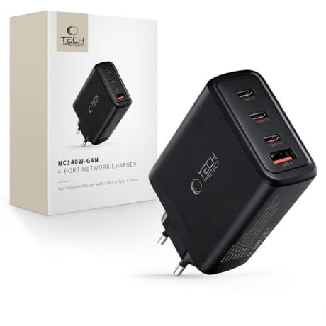 Tech-Protect NC140W GaN sieťová nabíjačka USB / 3x USB-C 140W PD QC, čierna