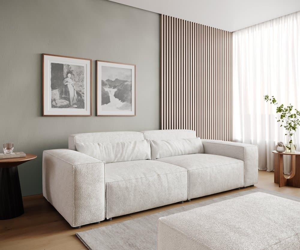 Veľká pohovka Sirpio 230x95 cm bouclé bielo-krémová s taburetom