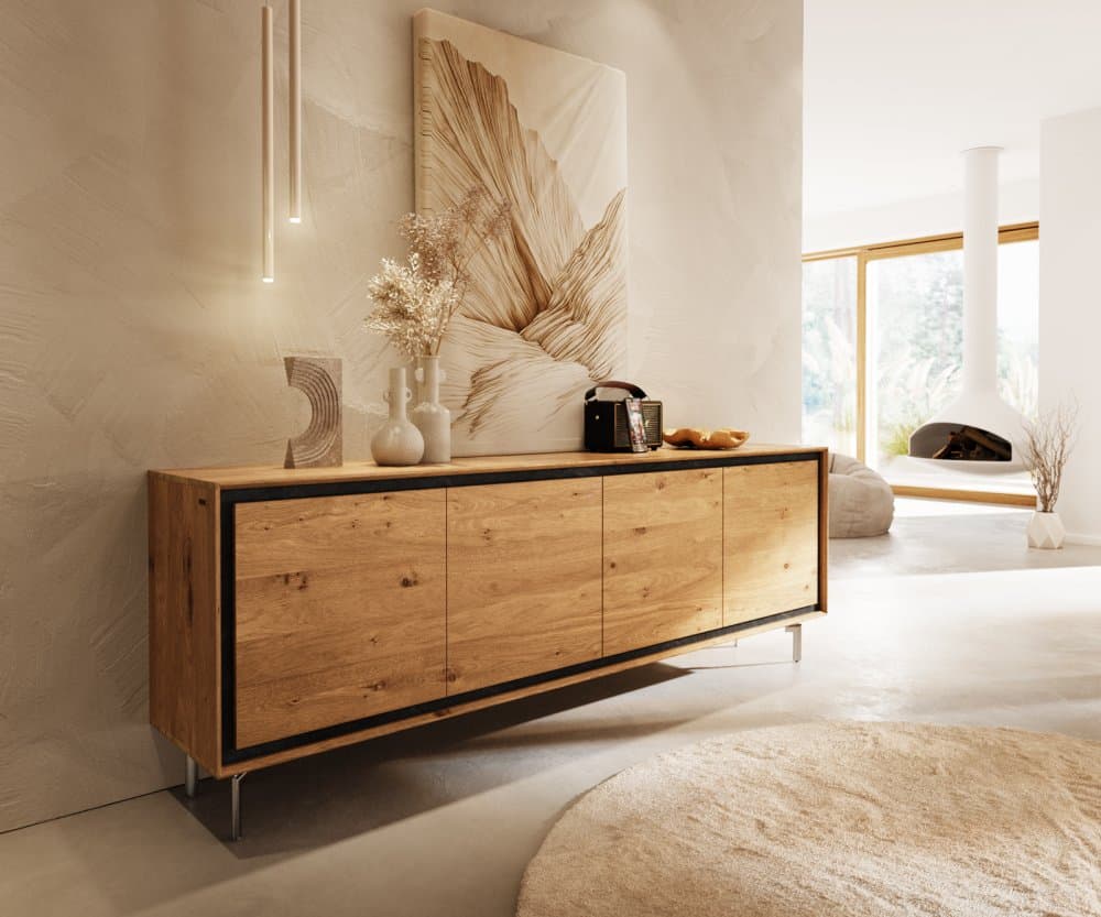 Komoda Stonegrace 200 cm dub prírodná 4 dvierka nohy oválne nerezová
