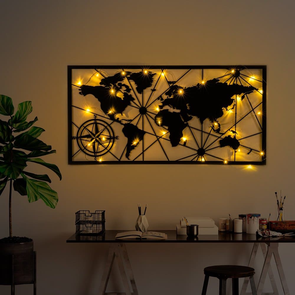 Dekoratívny kovový doplnok na stenu World Map Led 452