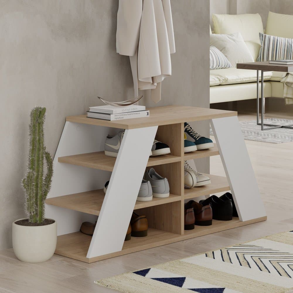 Skrinka na topánky / Botník Pyramid Shoe Bench - Oak, White