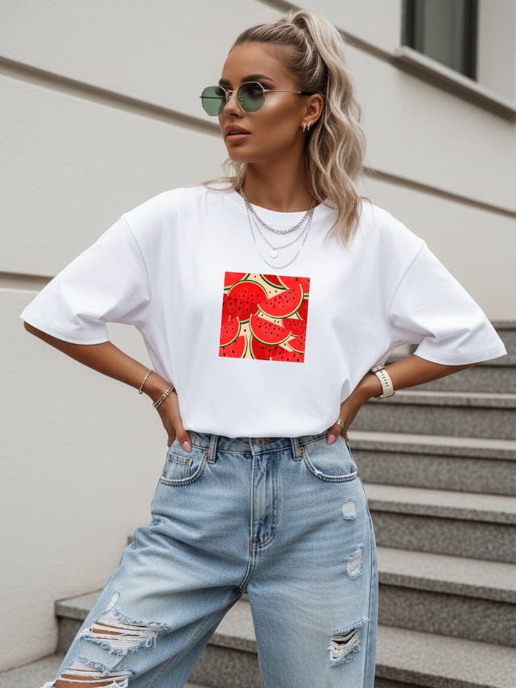 Dámske bavlnené oversize tričko s potlačou vodného melóna biele – Dstreet NX9001RY