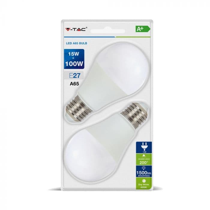Žiarovka LED E27 15W, 6400K, 1350lm, 2-balenie, A60 VT-2117 (V-TAC)