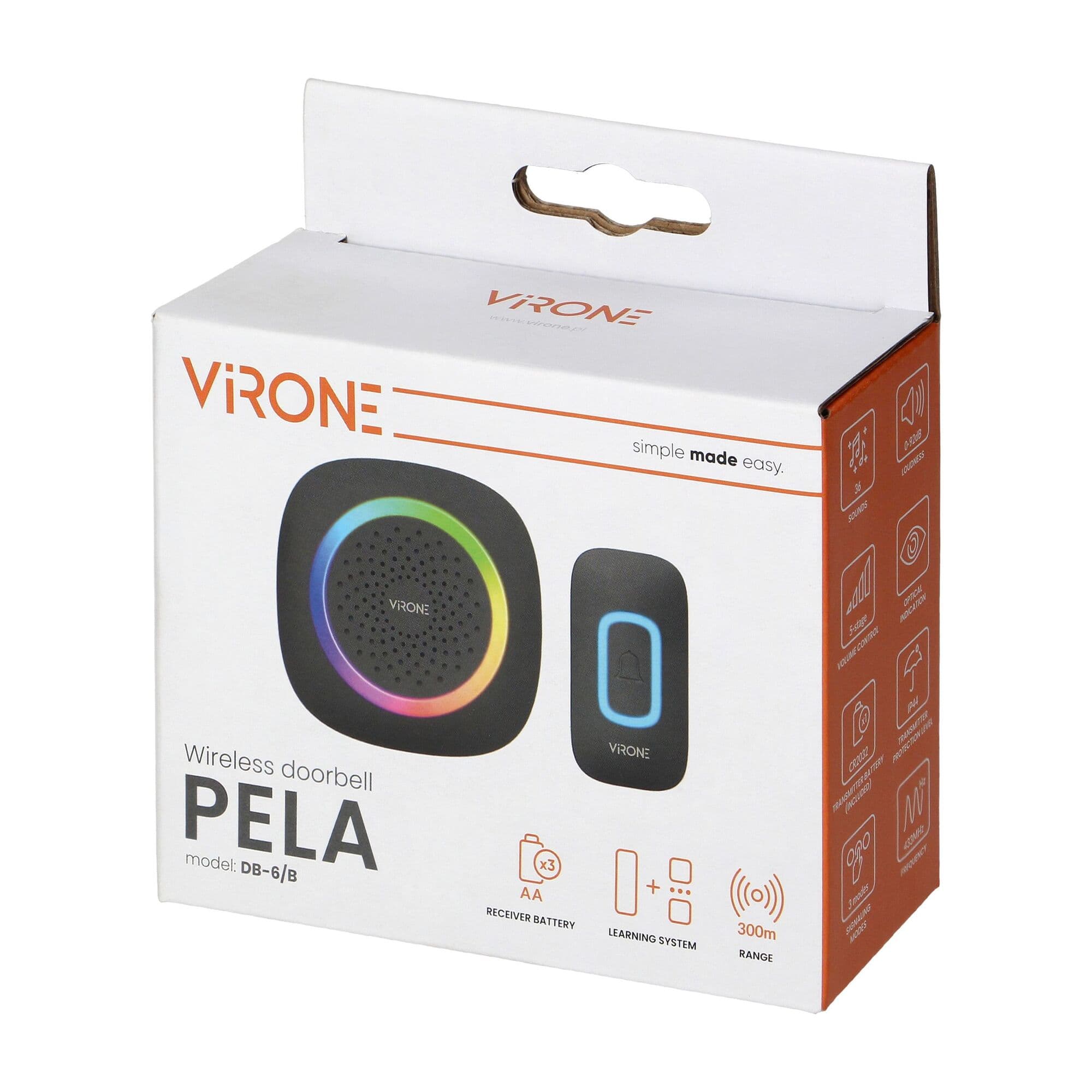 PELA, bezdrôtový zvonček na batérie, systém učenia, 60 zvukov, LED RGB, 300m, čierna black