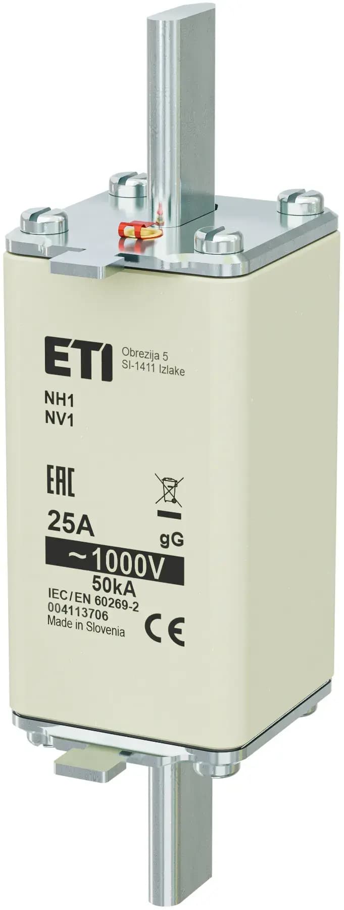 Nožová poistka NV/NH 1 25A gL/gG 1000V s vyrážacím kolíkom (ETI)